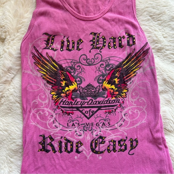 Y2K Harley-Davidson pink mcbling alternative  “Live Hard Ride Easy” ribbed tank - Picture 2 of 4